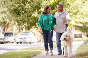 A suburban couple walking their dog in their Colorado neighborhood protected by Mosquito Joe services.